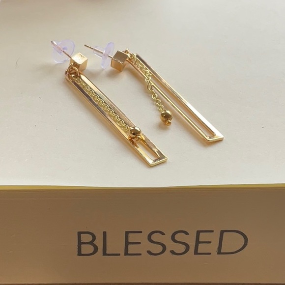 SALE..Unique Earrings. Long Rectangle Earrings, Dangling Chains Small Gold Balls - Picture 5 of 5